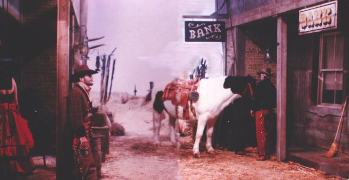 This old western cowboy sketch required a desert street and bar (AD)Kenny is primed for a take on camera left.
